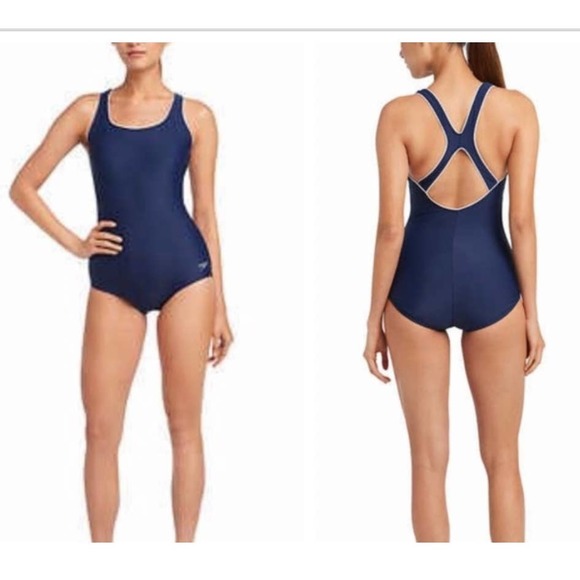 Speedo Blue One Piece Keyhole Racerback Swimsuit 14 Contrast Trim - Picture 1 of 10